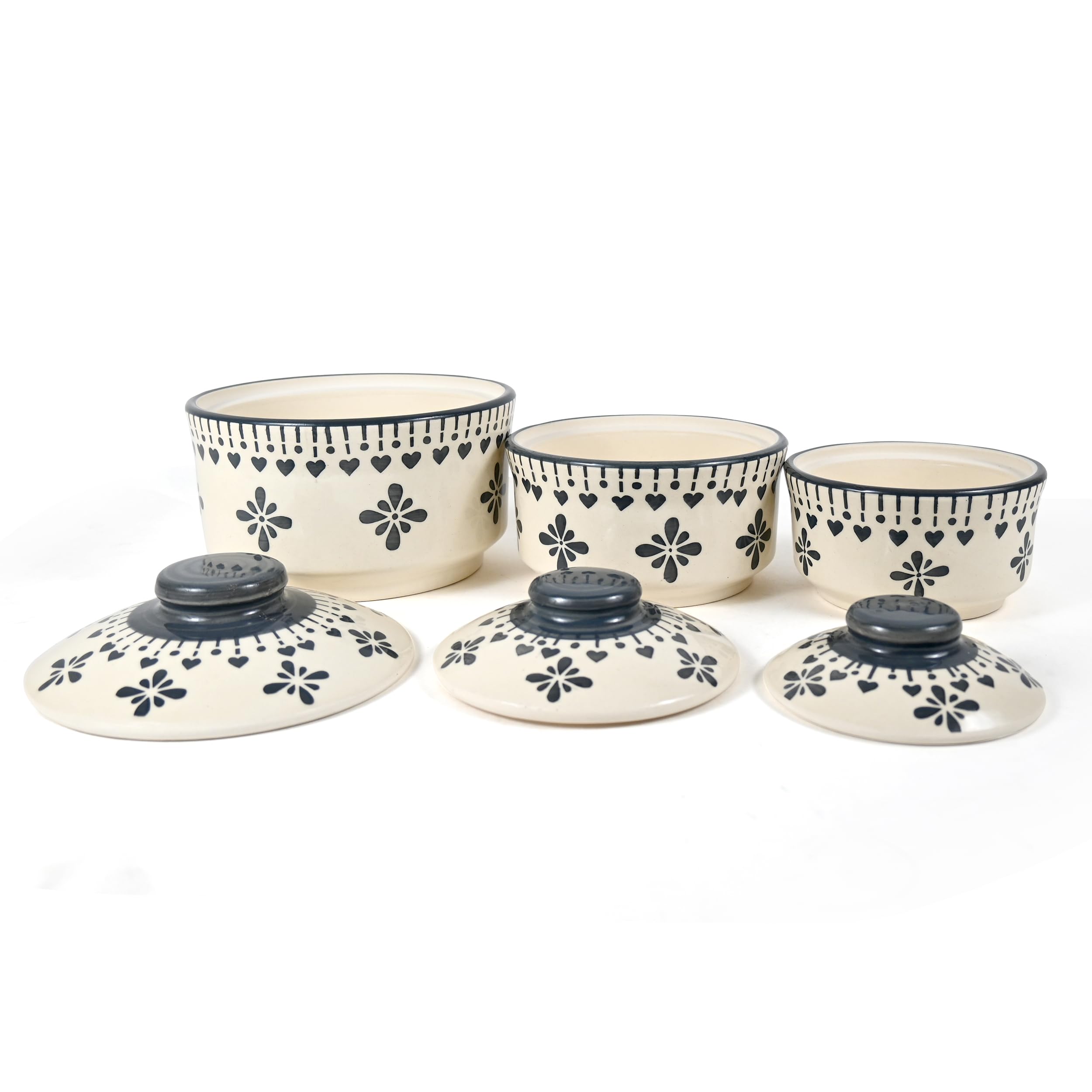 Sg Shadowgreen | Ceramic Serving Donga Set | Donga Set With Lid | Dinner/Gravy Bowl | Serving Bowl With Lid | Set Of 3 (750Ml 50